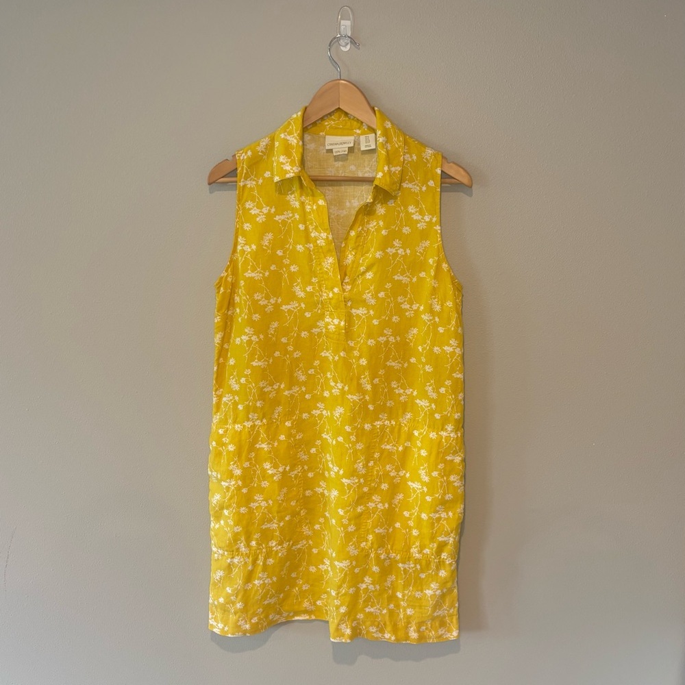 CYNTHIA ROWLEY 100% Linen Sleeveless Collared Midi Yellow Floral Dress‎ Size 8